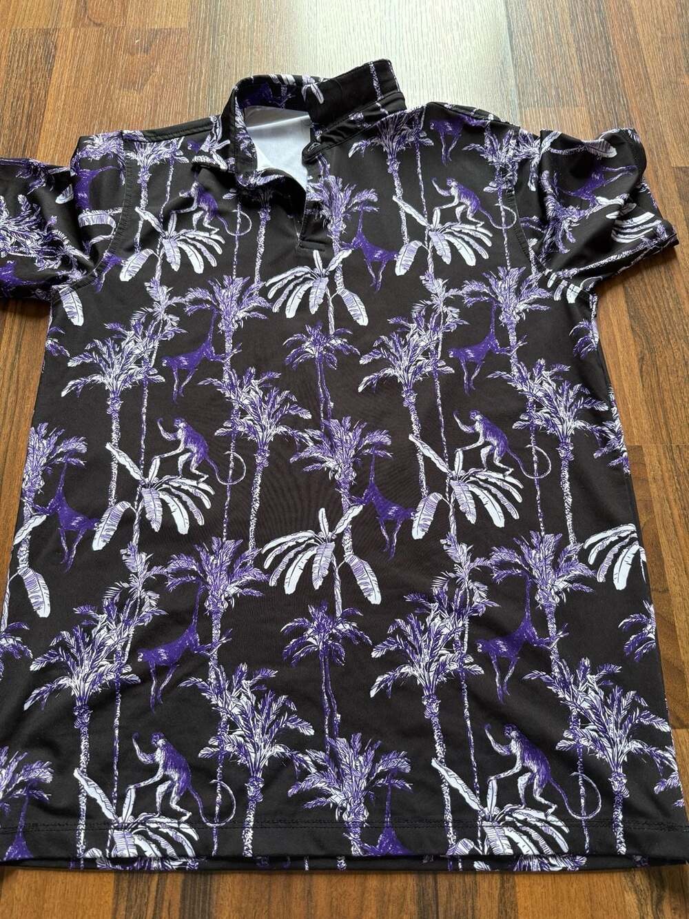Waggle y XL Black Purple Monkey Palm Tree Golf Polo Shirt
